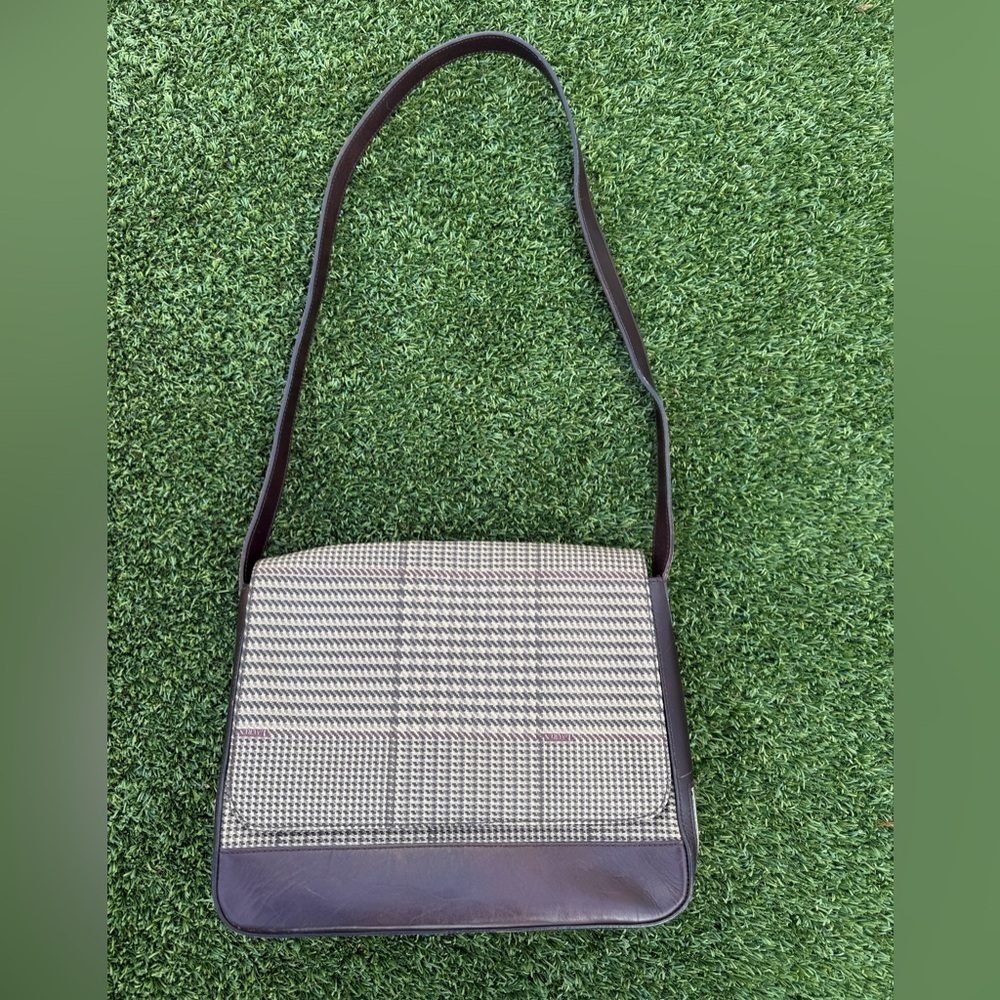 Vintage Lauren Ralph Lauren Houndstooth and Brown Leather Trim Shoulder HandBag